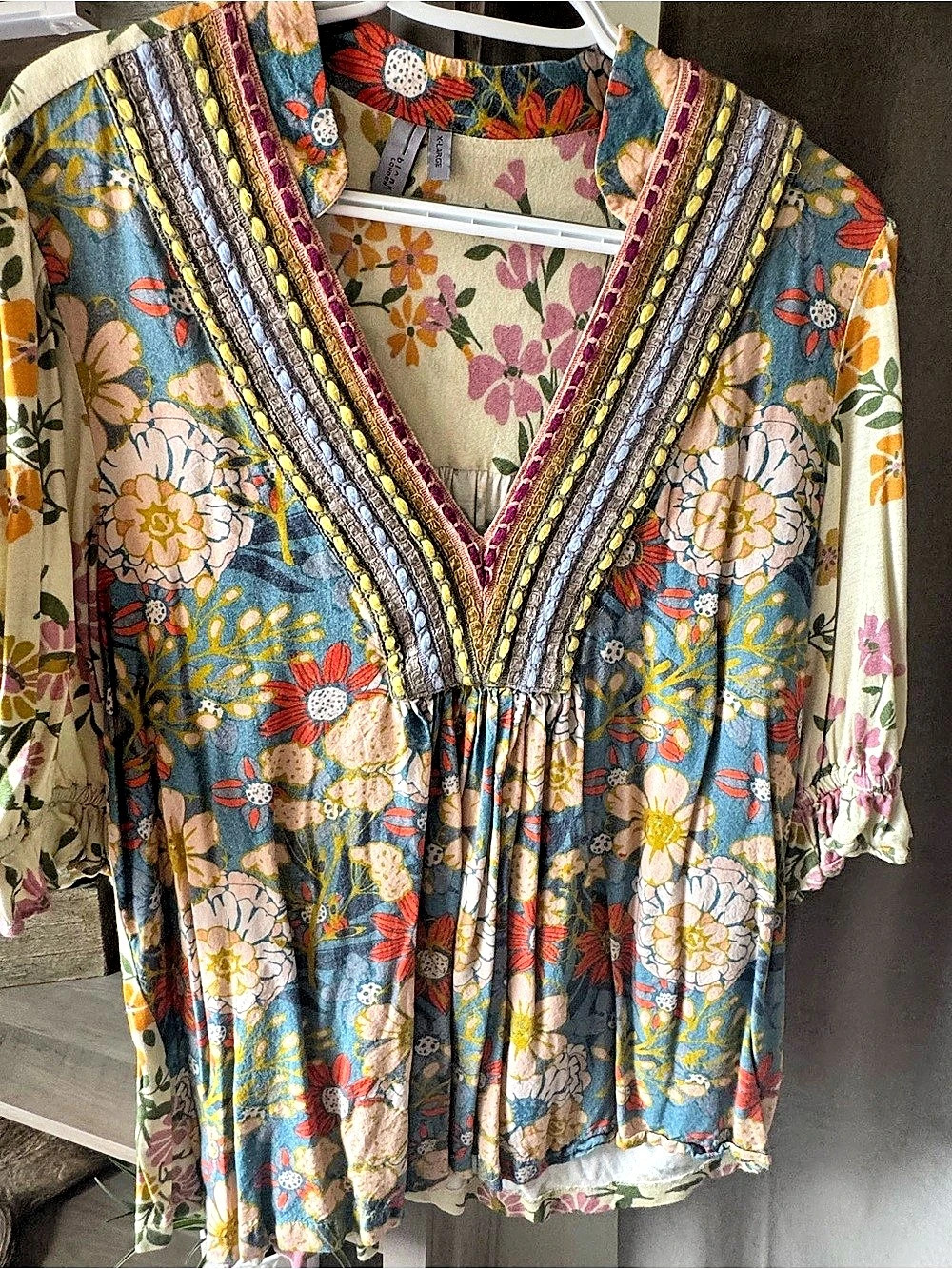 Anthropologie Floral V-Neck Blouse in Blue & Multicolor XL